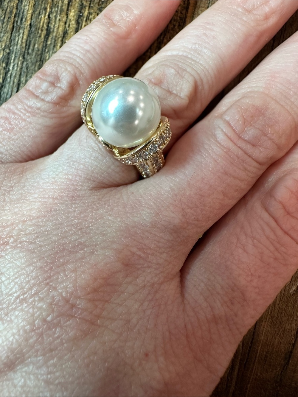 Gold Pearl Statement Ring with Clear Crystal Accents